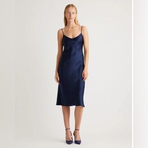 Quince 100% Washable Silk Slip Dress S Navy